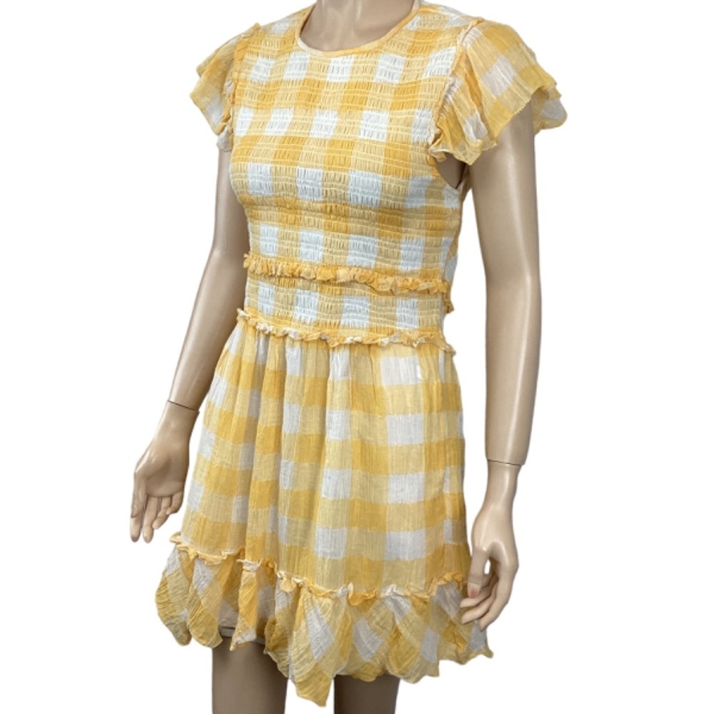 Saylor Saya Checkered Smocked Mini Dress size Medium Yellow & White Lined - Picture 3 of 11